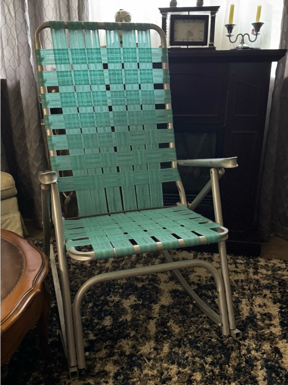 Vintage Teal Webbed Aluminum Rocking Lawn Chair